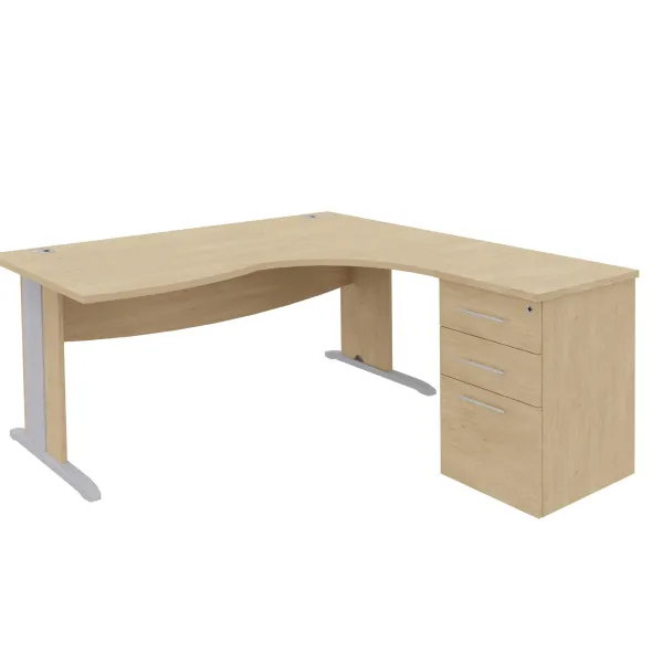 Bureau compact 90° asymétrique Majesty - l.180 x l.120 x pr. 80-60 cm + caisson h. bureau - piétement dégagement latéral
