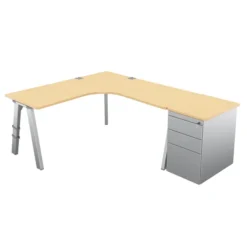 Bureau compact 90° symétrique Fusion - l. 160 x pr. 66 cm + caisson façade métallique - 4 pieds