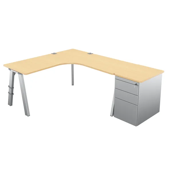 Bureau compact 90° symétrique Fusion - l. 160 x pr. 66 cm + caisson façade métallique - 4 pieds