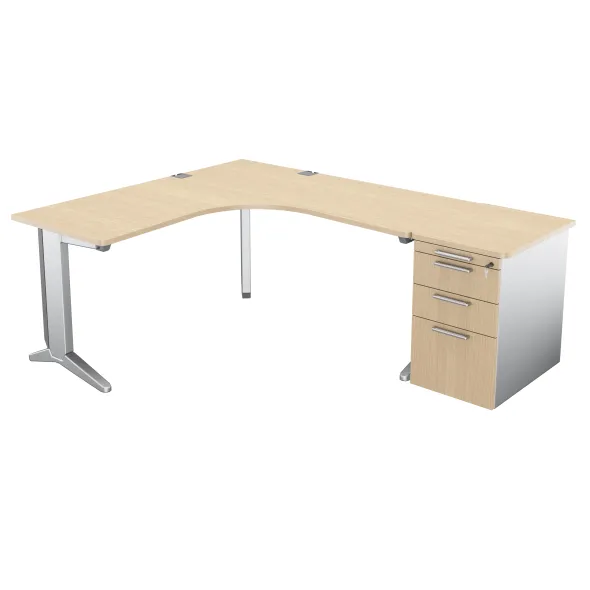 Bureau compact 90° symétrique Fusion - l. 160 x pr. 66 cm + caisson façade mélaminé - pieds C