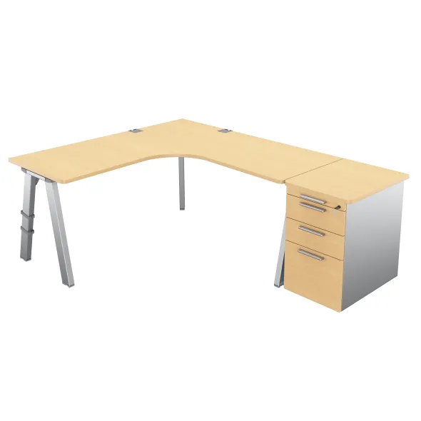 Bureau compact 90° symétrique Fusion - l. 160 x pr. 66 cm + caisson façade mélaminé - 4 pieds