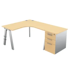 Bureau compact 90° symétrique Fusion - l. 140 x pr. 66 cm + caisson façade mélaminé - 4 pieds
