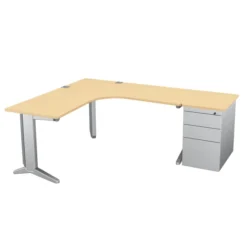 Bureau compact 90° symétrique Fusion - l. 160 x pr. 66 cm + caisson façade métallique - pieds C