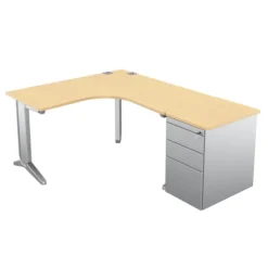 Bureau compact 90° symétrique Fusion - l. 140 x pr. 66 cm + caisson façade métallique - pieds C