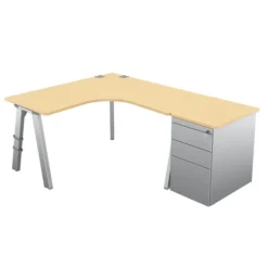 Bureau compact 90° symétrique Fusion - l. 140 x pr. 66 cm + caisson façade métallique - 4 pieds