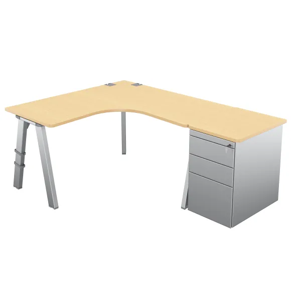 Bureau compact 90° symétrique Fusion - l. 140 x pr. 66 cm + caisson façade métallique - 4 pieds