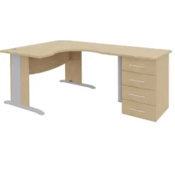 Bureau compact 90° symétrique Majesty - l. 140 x pr. 70 cm + caisson h. bureau - piétement à dégagement latéral -