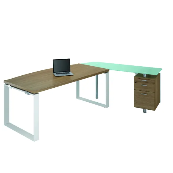 Bureau courbe Léandre Manager - l. 160 x pr. 90-101 cm - plateau mélaminé - pieds cadre - retour verre sur caisson