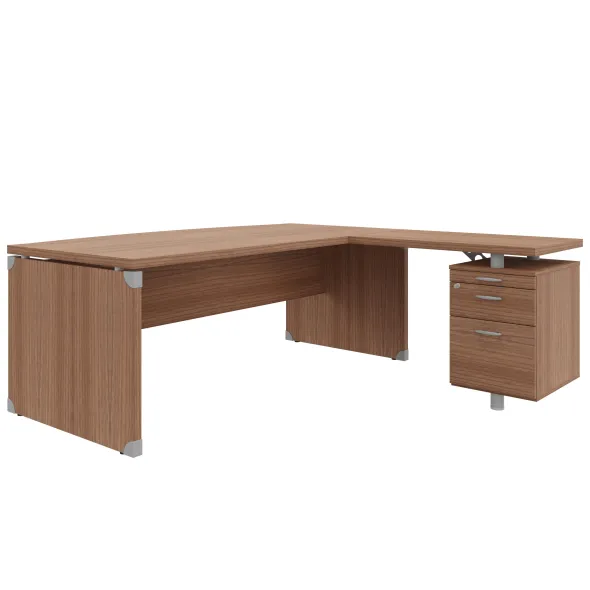 Bureau courbe Léandre Manager - l. 200 x pr. 90-101 cm - plateau mélaminé - pieds panneaux retour 100 x 60 s/ caisson