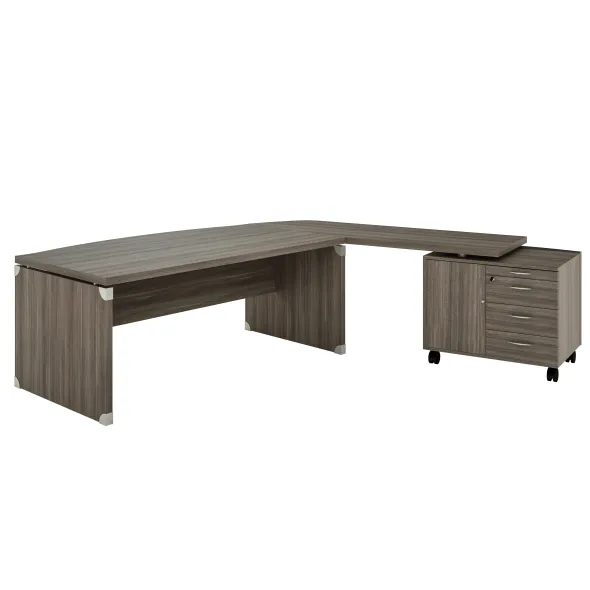 Bureau courbe Léandre Manager - l. 200 x pr. 90-101 cm - plateau mélaminé - pieds panneaux retour mélaminé sur meuble