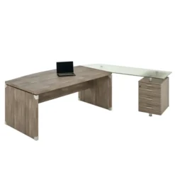 Bureau courbe Léandre Manager - l. 160 x pr. 90-101 cm - plateau mélaminé - pieds panneaux - retour verre sur caisson
