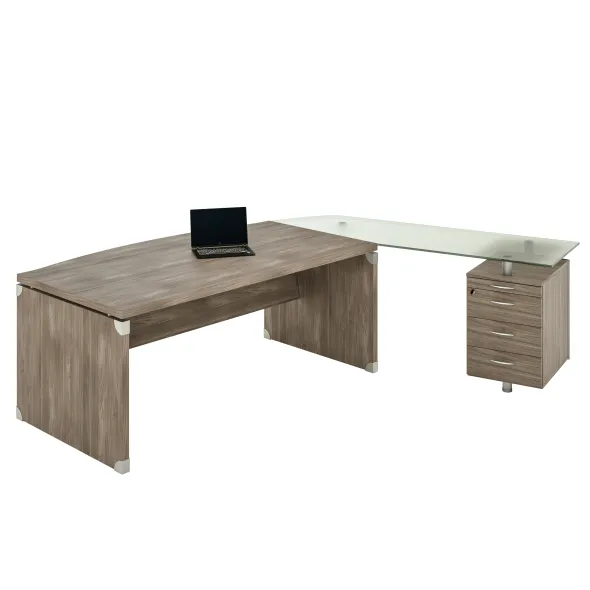 Bureau courbe Léandre Manager - l. 160 x pr. 90-101 cm - plateau mélaminé - pieds panneaux - retour verre sur caisson