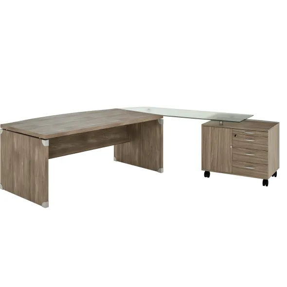 Bureau courbe Léandre Manager - l. 200 x pr. 90-101 cm - plateau mélaminé - pieds panneaux - retour verre sur meuble
