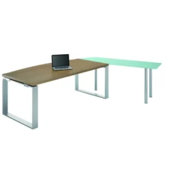 Bureau courbe Léandre Manager - l. 160 x pr. 90-101 cm - plateau mélaminé - pieds cadre - retour verre sur pieds