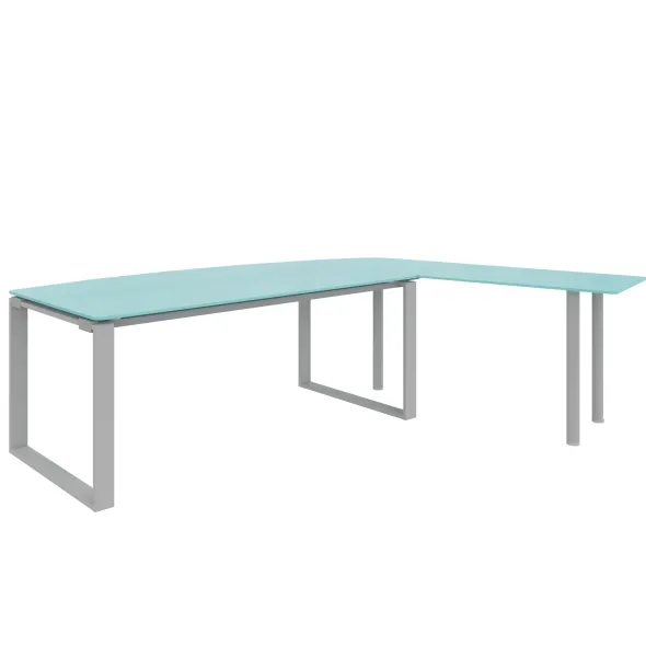 Bureau courbe Léandre Manager - l. 180 x pr. 90-101 cm - plateau verre - pieds cadre - retour verre sur pieds