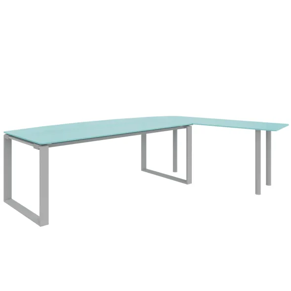 Bureau courbe Léandre Manager - l. 200 x pr. 90-101 cm - plateau verre - pieds cadre - retour verre sur pieds