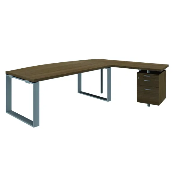 Bureau courbe Léandre Manager - l. 160 x pr. 90-101 cm - plateau mélaminé - pieds cadre - retour mélaminé sur caisson