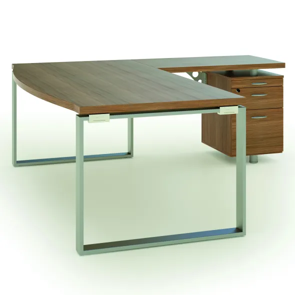 Bureau courbe Léandre Manager - l. 180 x pr. 90-101 cm - plateau mélaminé - pieds cadre - retour 100 x 60 s/ caisson