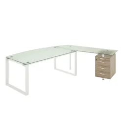 Bureau courbe Léandre Manager - l. 180 x pr. 90-101 cm - plateau verre - pieds cadre - retour verre sur caisson