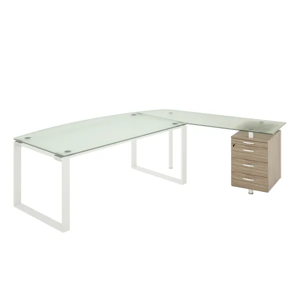 Bureau courbe Léandre Manager - l. 180 x pr. 90-101 cm - plateau verre - pieds cadre - retour verre sur caisson