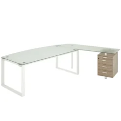 Bureau courbe Léandre Manager - l. 200 x pr. 90-101 cm - plateau verre - pieds cadre - retour verre sur caisson