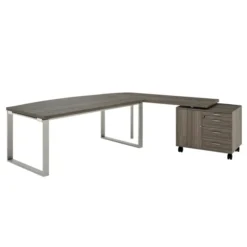 Bureau courbe Léandre Manager - l. 160 x pr. 90-101 cm - plateau mélaminé - pieds cadre - retour mélaminé sur meuble