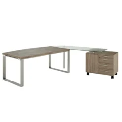Bureau courbe Léandre Manager - l. 160 x pr. 90-101 cm - plateau mélaminé - pieds cadre - retour verre sur meuble