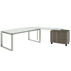 Bureau courbe Léandre Manager - l. 180 x pr. 90-101 cm - plateau verre - pieds cadre - retour verre sur meuble