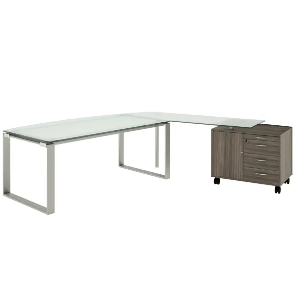 Bureau courbe Léandre Manager - l. 180 x pr. 90-101 cm - plateau verre - pieds cadre - retour verre sur meuble