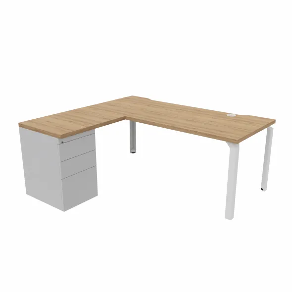 Bureau droit Epure - l. 180 x pr. 80 cm - échancrure - boitier + retour l. 80 x pr. 60 cm sur caisson porteur
