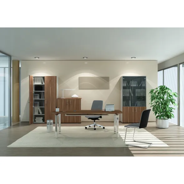 Bureau droit placage bois Epure Manager - l. 160 x pr. 100 cm - piétement aluminium poli