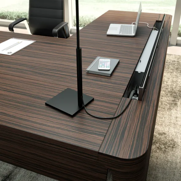 Bureau droit placage bois Quadri Prestige - l. 210 x pr. 100 cm + retour sur caisson 3 tiroirs plats