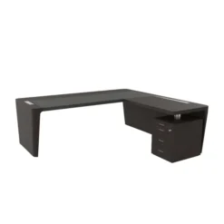 Bureau droit placage bois Quadri Prestige - l. 210 x pr. 100 cm + retour sur caisson 3 tiroirs plats - sous-main cuir