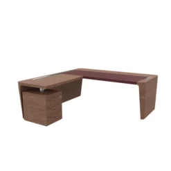 Bureau droit placage bois Quadri Prestige - l. 230 x pr. 100 cm + retour sur caisson 3 tiroirs plats - sous-main cuir