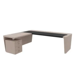 Bureau droit placage bois Quadri Prestige - l. 250 x pr. 100 cm + retour sur caisson 3 tiroirs plats - sous-main cuir