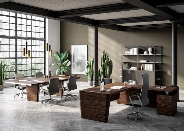 Bureau droit placage bois Quadri Prestige - l. 250 x pr. 100 cm + retour sur caisson 3 tiroirs plats