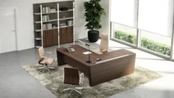 Bureau droit placage bois Quadri Prestige - l. 210 x pr. 100 cm + retour sur caisson 1 tiroir plat + 1 dossier suspendu