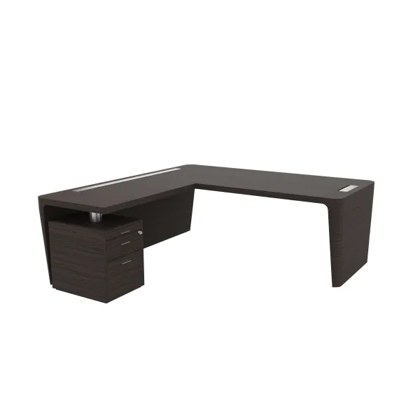 Bureau droit placage bois Quadri Prestige - l. 210 x pr. 100 cm + retour sur caisson 1 tiroir plat + 1 dossier suspendu