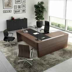 Bureau droit placage bois Quadri Prestige - l. 230 x pr. 100 cm + retour caisson 1 tiroir plat + 1 doss susp - sous-main
