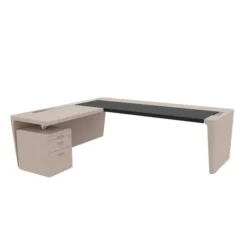 Bureau droit placage bois Quadri Prestige - l. 250 x pr. 100 cm + retour caisson 1 tiroir plat + 1 doss susp - sous-main