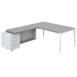 Bureau droit placage bois X-Time Wood - l. 181 x p. 101 cm + retour sur caisson laqué 3 tiroirs plats