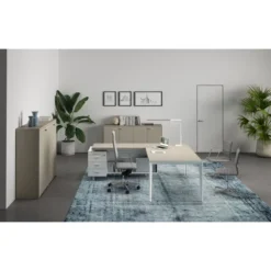 Bureau droit placage bois X-Time Wood - l. 181 x p. 101 cm + retour sur caisson laqué 3 tiroirs plats