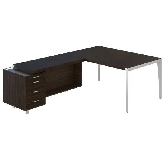 Bureau droit placage bois X-Time Wood - l. 161 x p. 101 cm + retour sur caisson 3 tiroirs plats