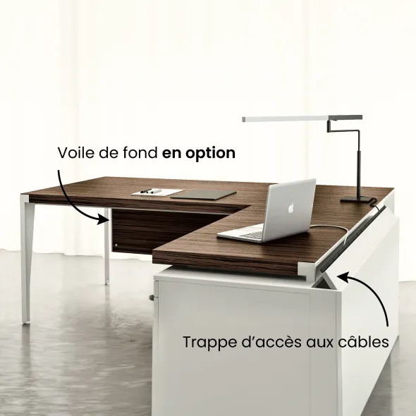 Bureau droit placage bois X-Time Wood - l. 161 x p. 101 cm + retour sur caisson 3 tiroirs plats