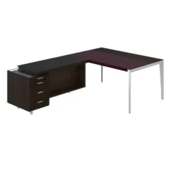 Bureau droit placage bois X-Time Wood - l. 161 x p. 101 cm + retour sur caisson 3 tiroirs plats - sous-main cuir intégré