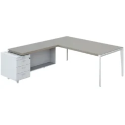 Bureau droit placage bois X-Time Wood - l. 201 x p. 101 cm + retour sur caisson laqué 3 tiroirs plats