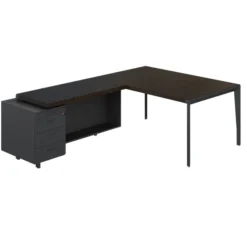 Bureau droit placage bois X-Time Wood - l. 161 x p. 101 cm + retour sur caisson laqué 3 tiroirs plats