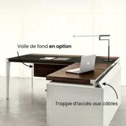Bureau droit placage bois X-Time Wood - l. 161 x p. 101 cm + retour s/caisson laqué 1 tiroir plat - 1 DS + sous-main cuir