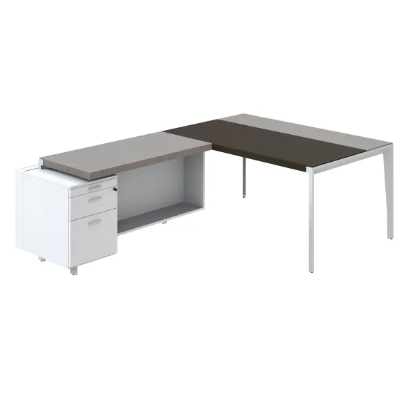 Bureau droit placage bois X-Time Wood - l. 161 x p. 101 cm + retour s/caisson laqué 1 tiroir plat - 1 DS + sous-main cuir