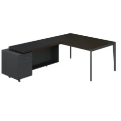 Bureau droit placage bois X-Time Wood - l. 161 x p. 101 cm + retour sur caisson laqué 1 tiroir plat + 1 dossier suspendu
